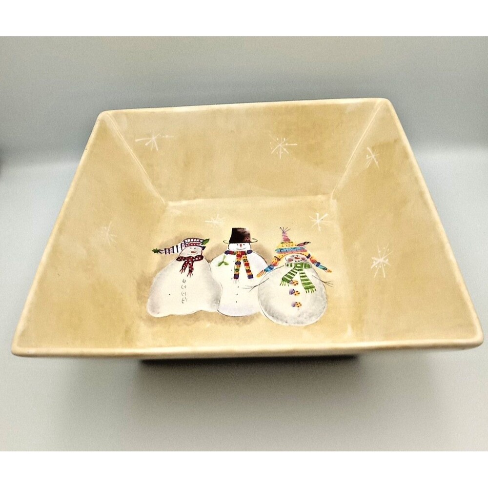 Oneida Snowmates 11.5" square serving bowl, 3 snowmen, colorful hats & scarves